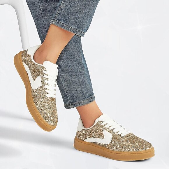 Women's Glitter Sneakers Casual Sparkly Anti Slip Rubber Sole Lace-Up - Picture 7 of 9